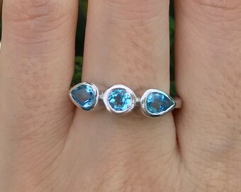 Swiss Blue Topaz Wedding Band- Half Eternity Genuine Natural Blue Topaz Stack Ring- Medium Blue Wedding Band Ring- December Birthstone Ring