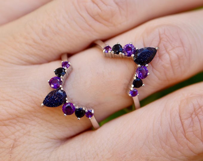 Blue Sandstone with Purple Amethyst Sterling Silver Celestial Wedding Band