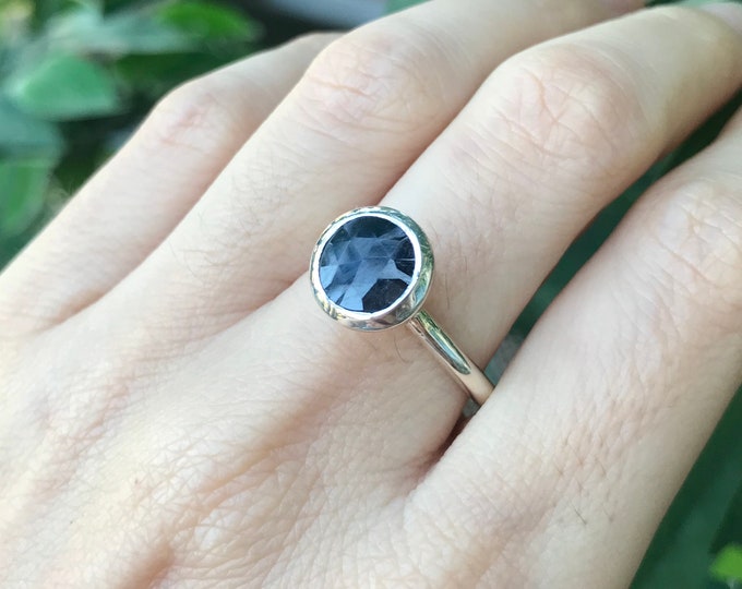 Genuine Round Blue Sapphire Promise Ring- Natural Dark Blue Gemstone Engagement Ring- Blue Stack Dainty Bezel Ring-September Birthstone Ring