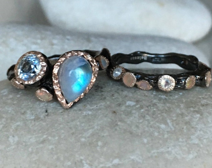 Nature Engagement Ring Moonstone Opal Ring Set Bridal Unique Engagement Ring Set