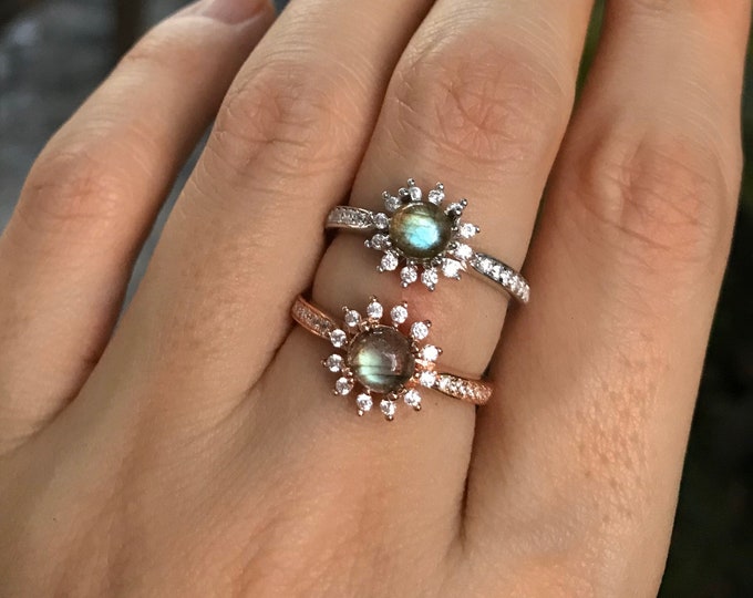 Floral Labradorite Halo Promise Dainty Ring- Round Labradorite Engagement Ring- Flower Labradorite Prong Solitaire Ring- Iridescent Ring