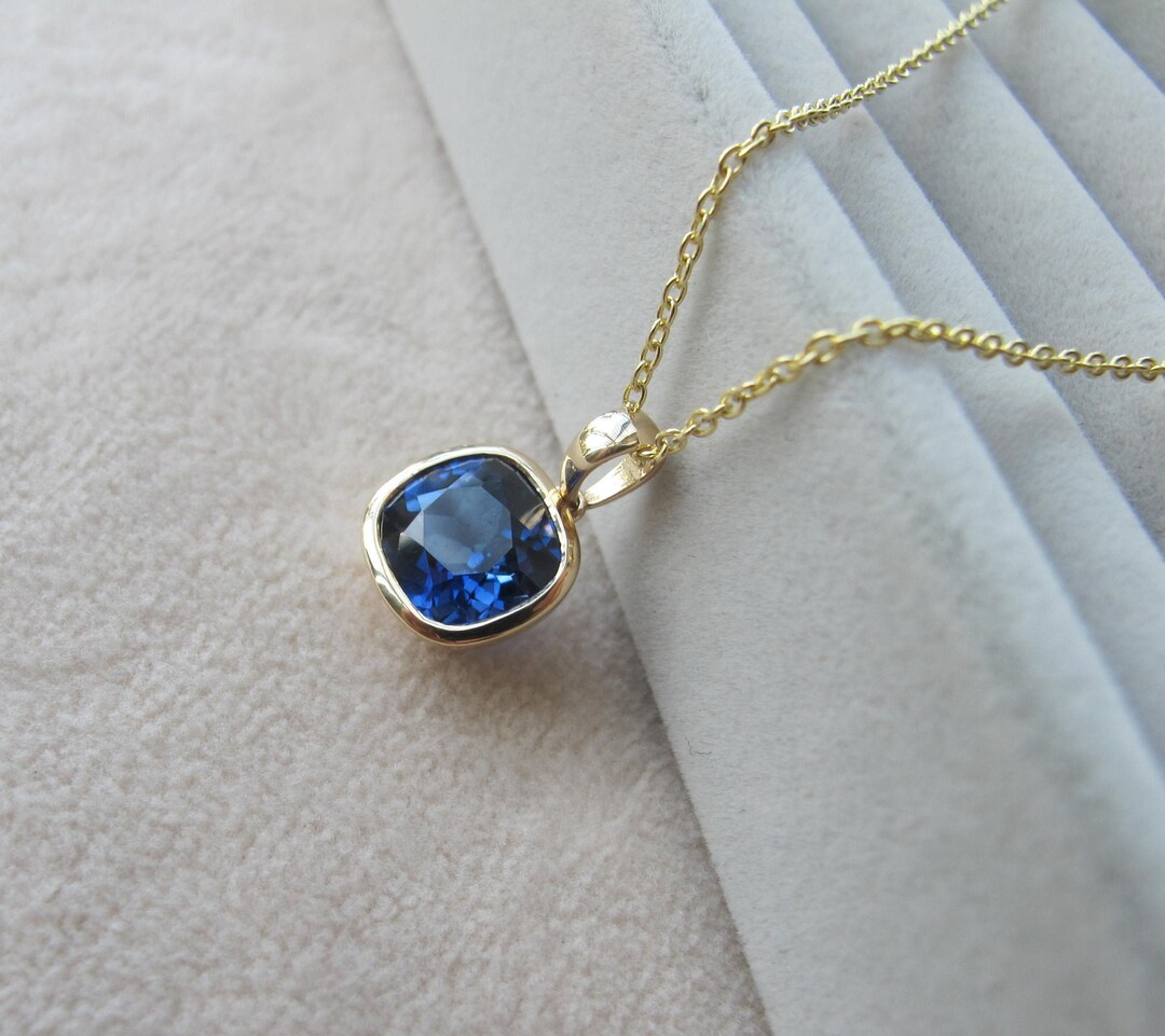 Blue Sapphire Square 14k Gold Necklace Cushion Sapphire Simple Necklace ...