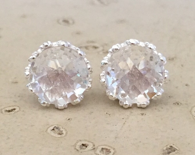 Bridal White Quartz Stud- Round White Topaz Earring- Classic Wedding Stud Earring- Simple Clear Silver Earring- Engagement Stud Earring