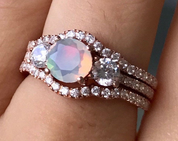 Opal Engagement 3 Vintage Ring Set- Round Opal Bridal Ring Deco Set- Three Stone Anniversary Ring- Promise Ring for Her w/ Bands