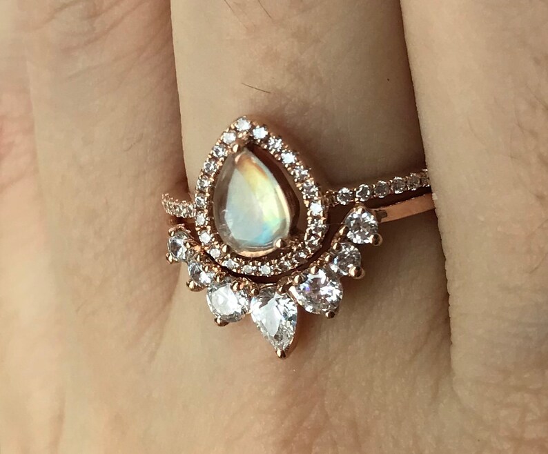Rainbow Moonstone Engagement Ring Rose Gold Wedding Ring | Etsy
