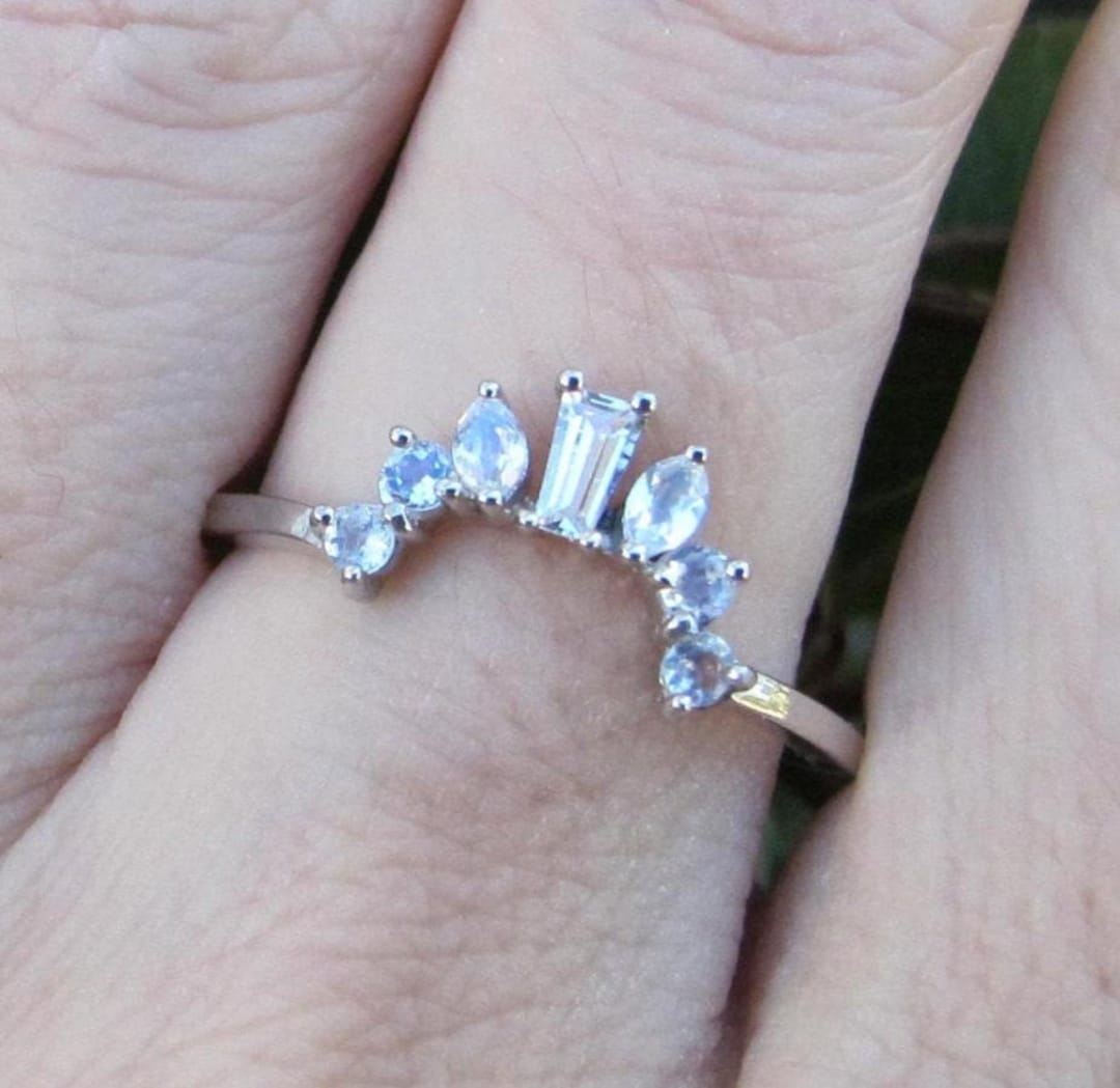 Genuine Moonstone Wedding Band- Deco Rainbow Moonstone Curve Band ...