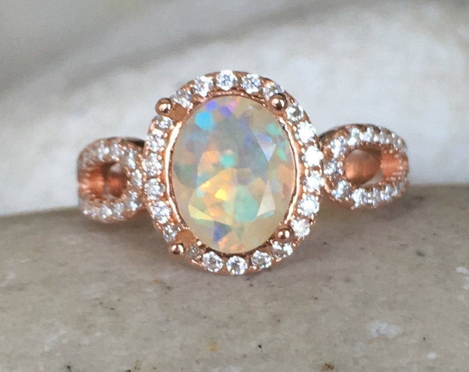 1.50Ct Natural Opal Engagement Ring, Rose Gold Oval Opal Promise Ring for her, Halo Welo Opal Solitaire Split Ring-October Birthstone Ring