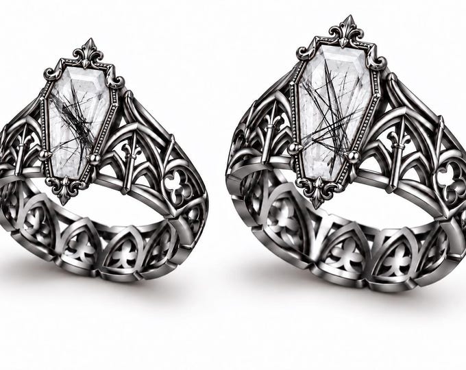 Coffin Salt and Pepper Quartz Gothic His and Her Wedding Band