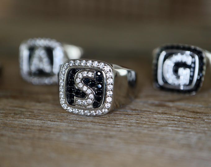 Initial Black with White Gemstone Letter Signet Sterling Silver Ring