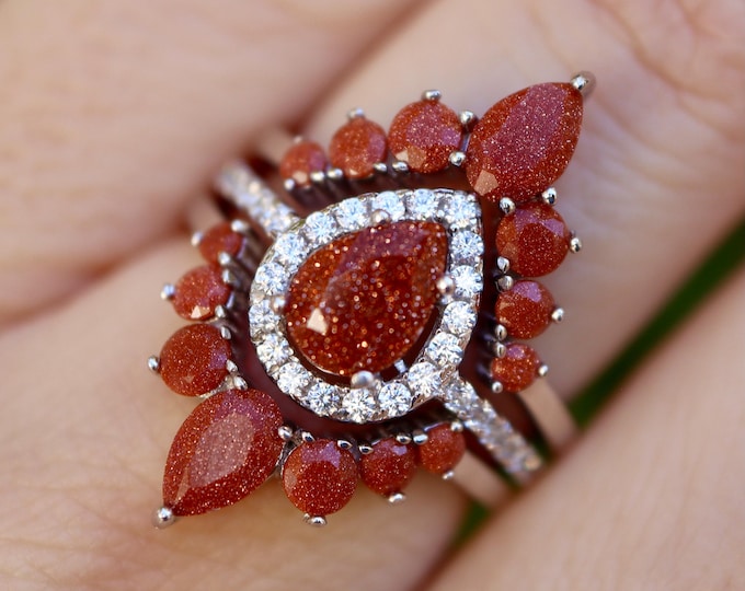 Pear Gold Sandstone Galaxy Halo Bridal Sterling Silver 3 Rings