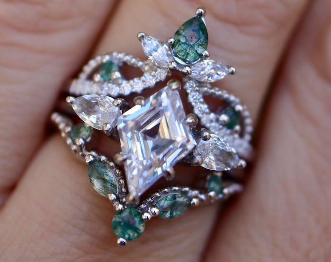 Kite Moissanite Engagement Ring with Moss Agate Wedding Bands