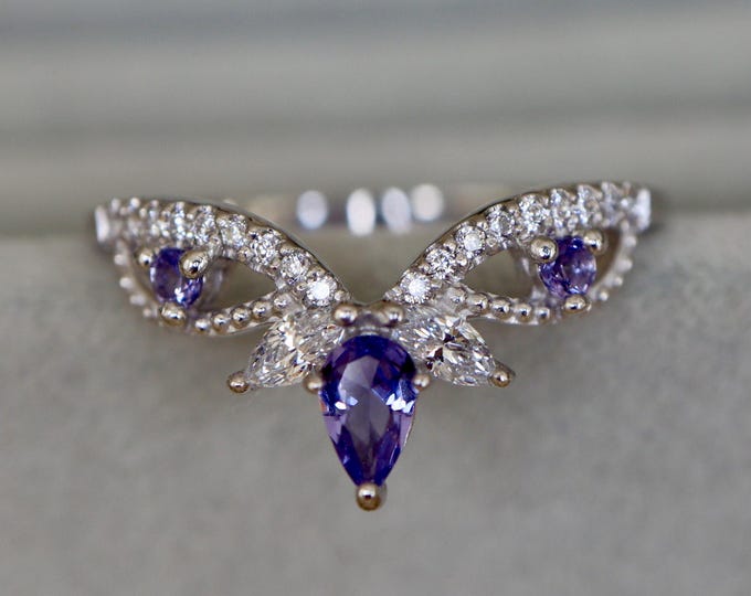 Blue Tanzanite Wedding Vintage Milgrain 10k White Gold Band- Deco Blue Purple Antique 18k Gold Band- 14k Rose Gold Enhancer Guard Band