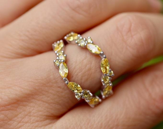 Marquise Yellow Sapphire Cluster Vintage Curve Wedding Sterling Silver Band