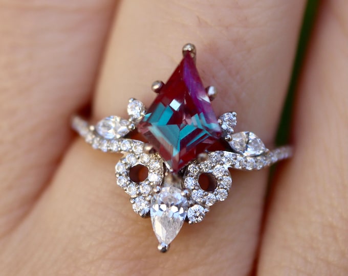 Kite Purple Blue Alexandrite Color Change Sterling Silver Solitaire Ring with Half Halo