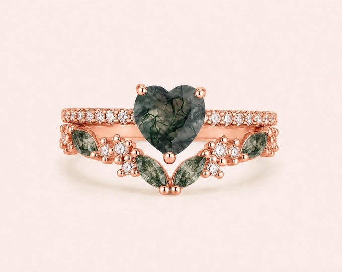 Dainty Heart Moss Agate Bridal 2 Ring Set