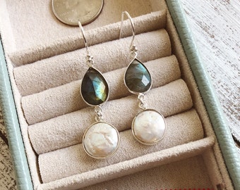 Pearl Labradorite Dangle Bohemian Earring- 2 Stone Long Drop Boho Earring- Handmade Iridescent Double Drop Earring- Silver Stone Earring