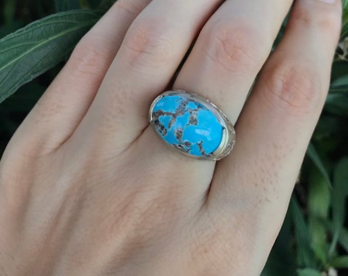 Oval Turquoise Filigree Statement Ring- East West Turquoise Engagement Ring- Smooth Blue Gemstone Solitaire Ring- December Birthstone Ring