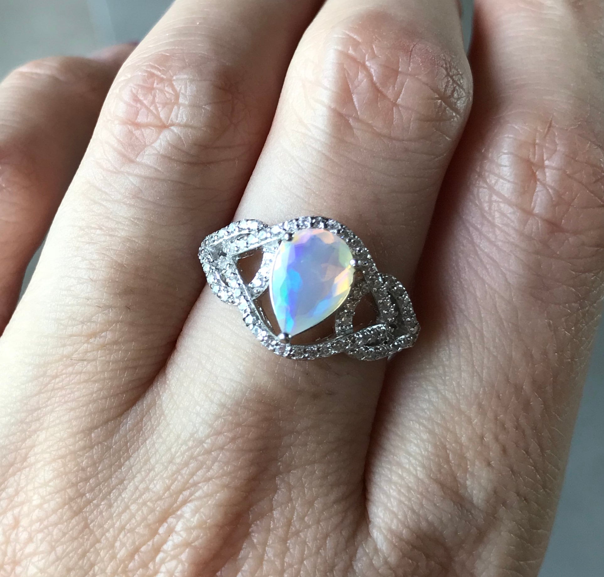 Pear Genuine Opal Deco Engagement Ring- Teardrop Opal Statement Ring ...