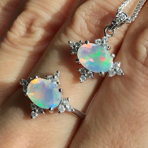 Opal Celestial Engagement White Gold Ring- Opal Diamond Necklace- Genuine Opal Jewelry Set- Oval Fire Opal Halo Ring Necklace Set