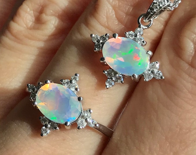 Opal Celestial Engagement White Gold Ring- Opal Diamond Necklace- Genuine Opal Jewelry Set- Oval Fire Opal Halo Ring Necklace Set