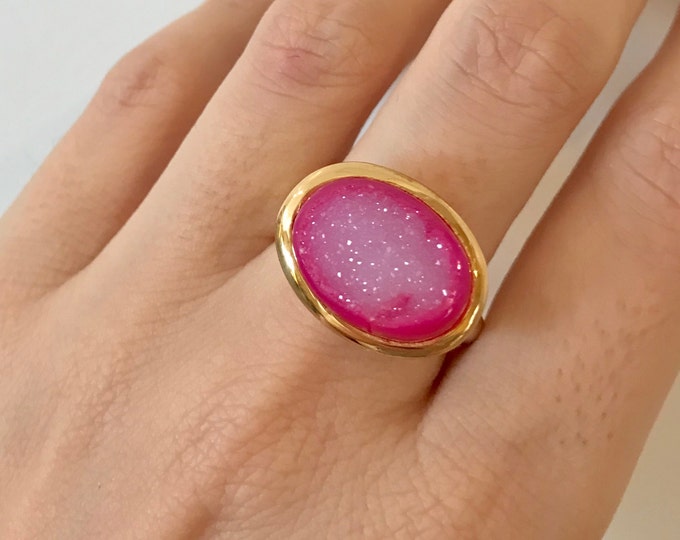 Raw Pink Druzy Galaxy Ring- Star Celestial Sparkly Statement Ring- Constellation Gemstone Ring- Large Oval Solitaire East West Ring-