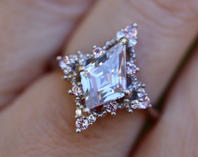 Kite Cubic Zirconia Milgrain Halo with Morganite Sterling Silver Solitaire Ring