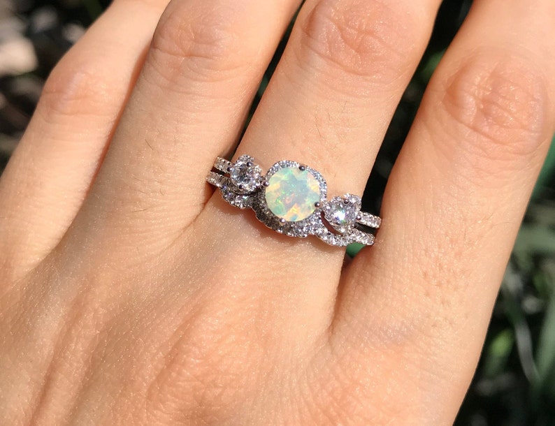 Opal Vintage Engagement Ring Opal Halo Bridal Ring Set Three Stone Anniversary Ring Genuine Opal Promise Ring for Her Art Deco Opal Ring image 7