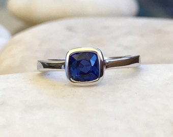Tiny Square Blue Sapphire Ring- Stackable September Birthstone Ring- Blue Gemstone Childrens Ring- Small Midi Ring- Sterling Silver Ring