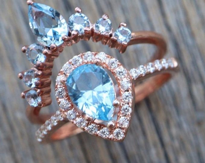 Teardrop Blue Topaz Engagement Silver Rings- Light Sky Blue 2 Rose Ring Set- Pear Blue Halo Bridal Ring - Romantic Anniversary Ring For Her
