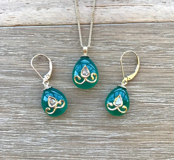 Antique Handmade Solid 18k Gold Jewelry Set- Genuine Chrysophrase Diamond Earring and Necklace- Handcrafted Unique One of A kind Jewelry Set