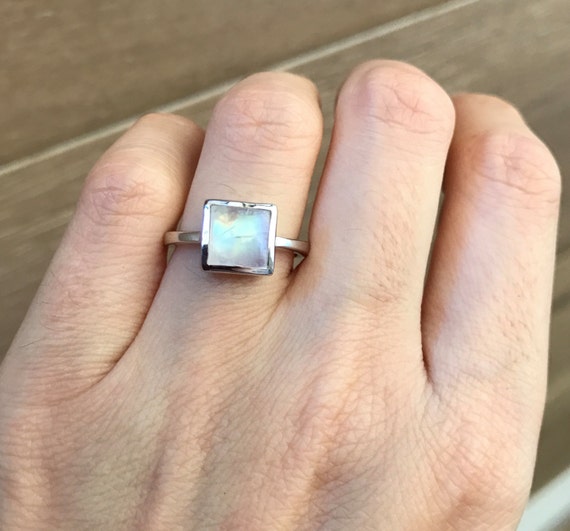 Genuine Square Moonstone Ring- Sterling Silver Natural Moonstone