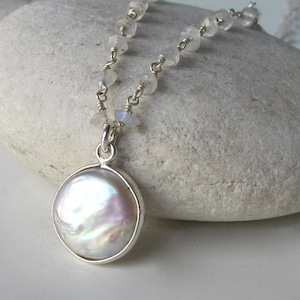 Genuine Natural Round White Pearl Beaded Moonstone Necklace- Real Freshwater Pearl June Birthstone Necklace- Simple Everyday Necklace