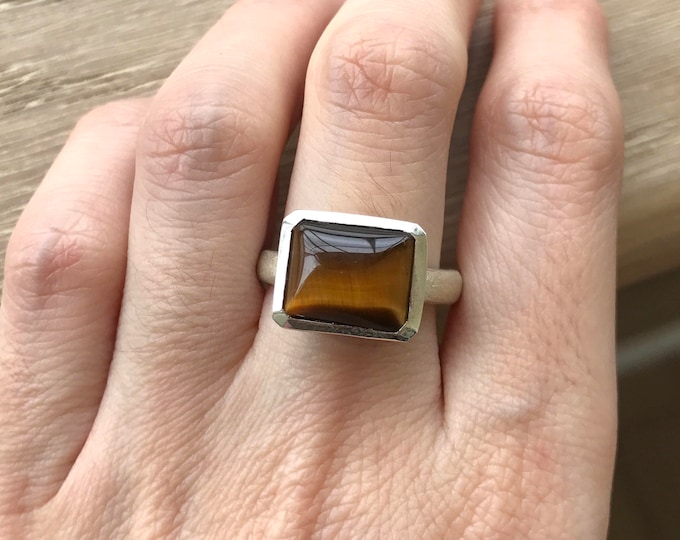 East West Ring- Smooth Tiger Eye Ring- Rectangle Statement Ring- Brown Gold Ring- Simple Anniversary Ring- Unique Gemstone Ring