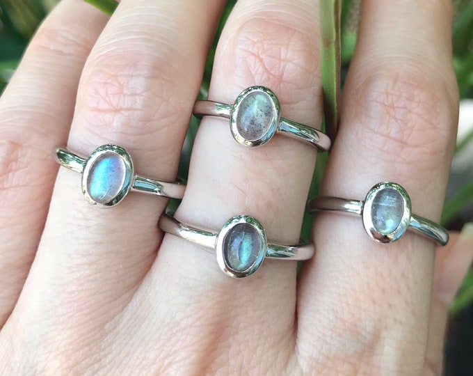 Genuine Oval Labradorite Dainty Silver Ring