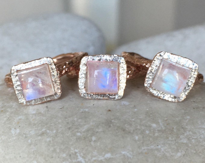 Rose Gold Moonstone Promise Ring- Unique Moonstone Engagement Ring- Princess Cut Gemstone Ring- June Birthstone Ring- Sterling Silver Ring