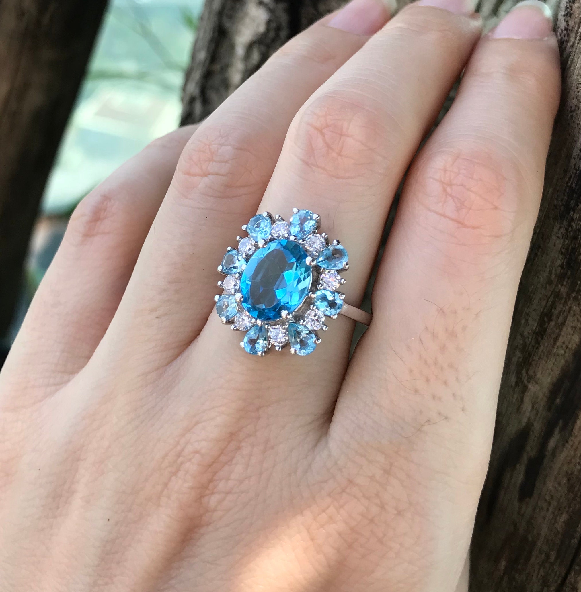 Swiss Blue Topaz Cluster Solitaire Halo Ring-Large Oval Blue Topaz ...