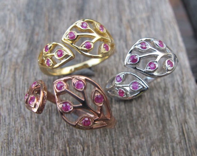 Rose Gold Leaf Ring- Promise Ring for Her- Ruby Friendship Ring- Unique Anniversary Ring- July Birthstone Ring- Mothers Ring- Leaf Ring