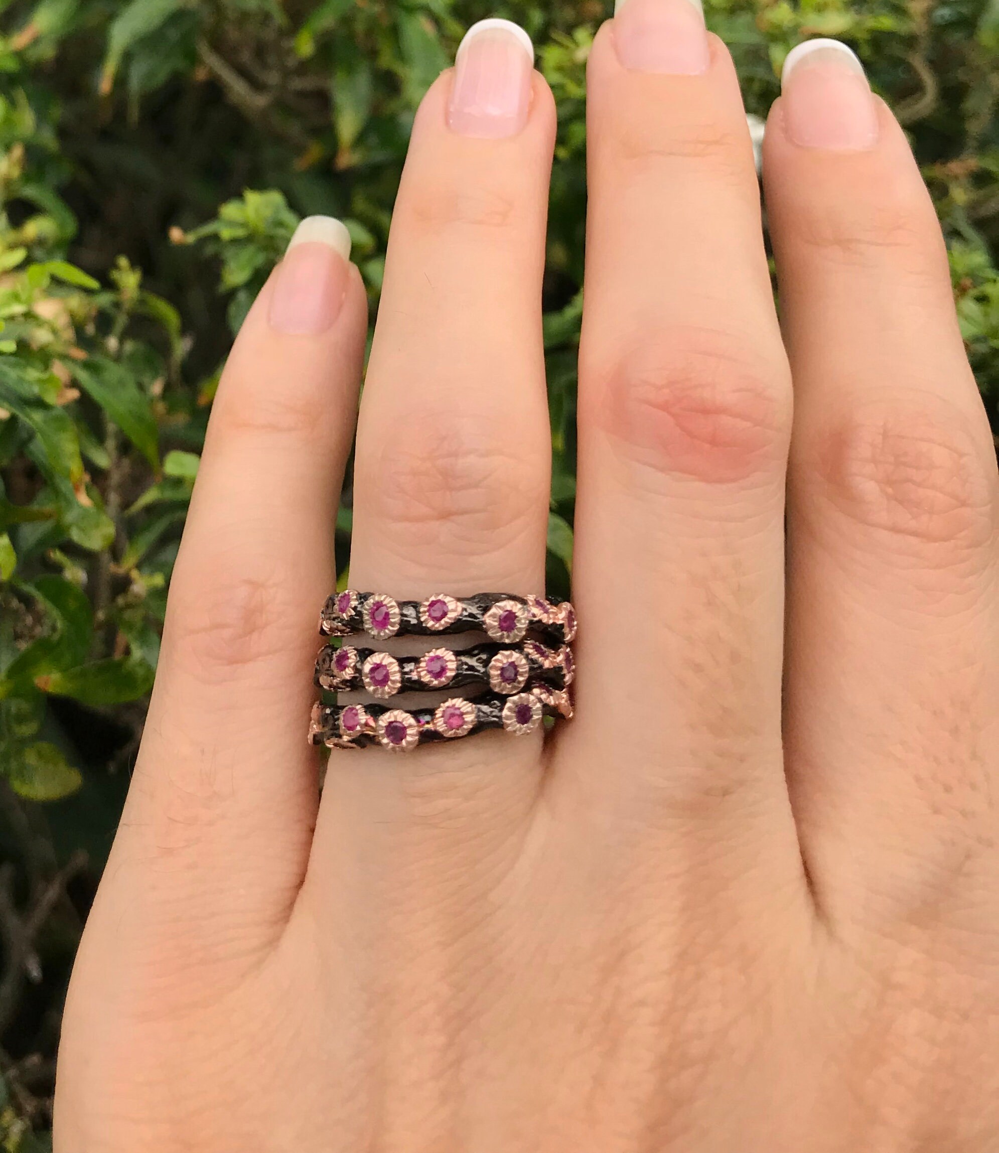 Rustic Ruby Women Wedding Band- Unique Womens Wedding Band- Half