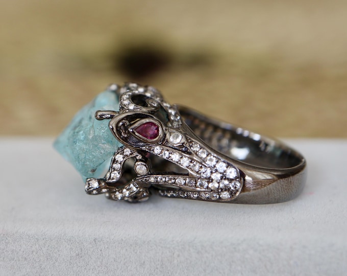 Raw Genuine Aquamarine Statement Solitaire Black Ring- Blue Aquamarine Rectangular Cut Ring- Avant Garde Large Statement OOAK Ring