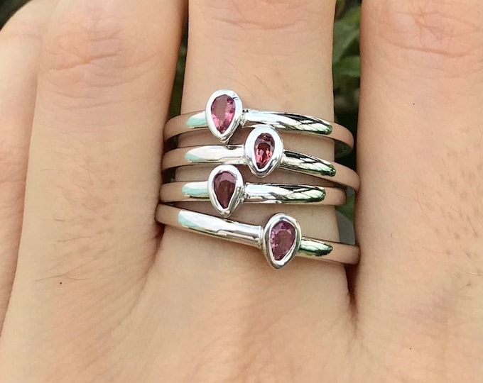 Genuine Pink Tourmaline Pear Silver Tiny Ring- Natural Tourmaline Teardrop Stack Ring- Genuine Tourmaline Ring- October Birthstone Ring