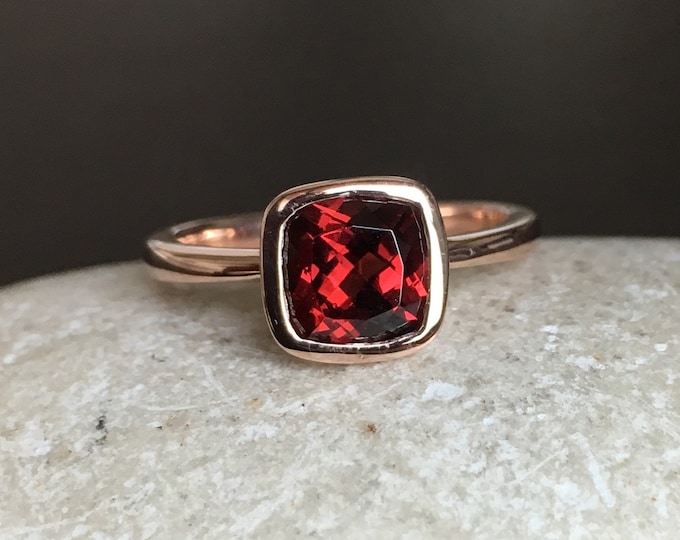 Garnet Simple Engagement Ring- Rose Gold Promise Ring- Cushion Bridal Ring- January Birthstone Ring- Genuine Garnet Anniversary Ring