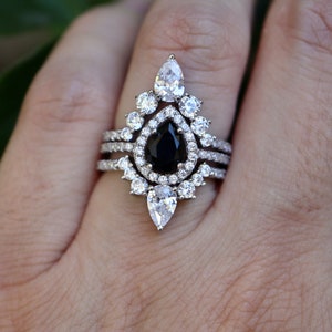 Teardrop Black Onyx Halo Bridal 3 Ring Set Pear Black Engagement Ring Set Black Spinel Ring w/2 Wedding Band image 6