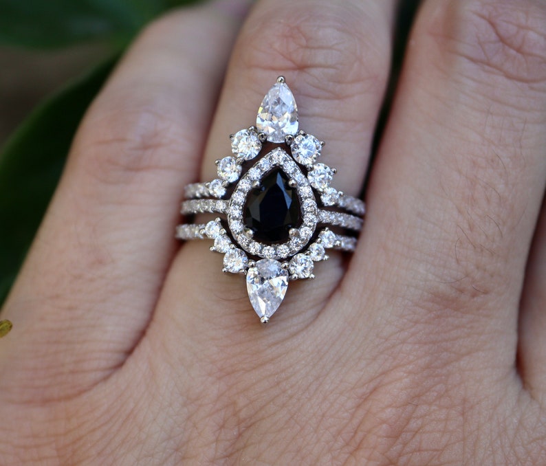 Teardrop Black Onyx Halo Bridal 3 Ring Set Pear Black Engagement Ring Set Black Spinel Ring w/2 Wedding Band image 6