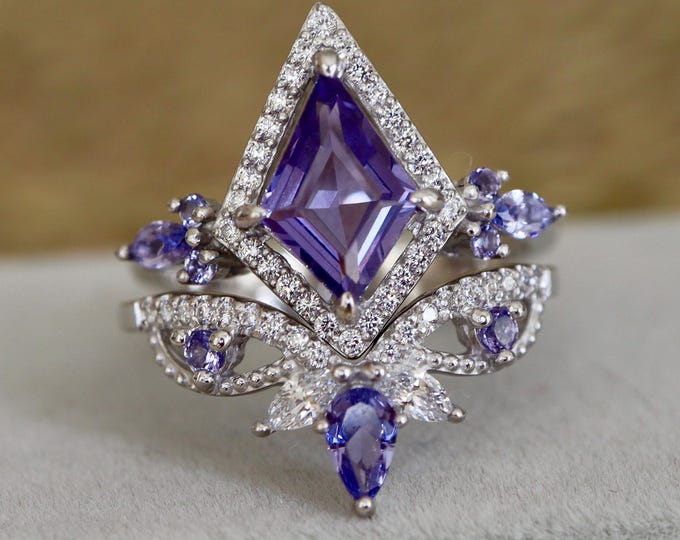 Kite Blue Purple Tanzanite Halo Engagement Sterling Silver Rings