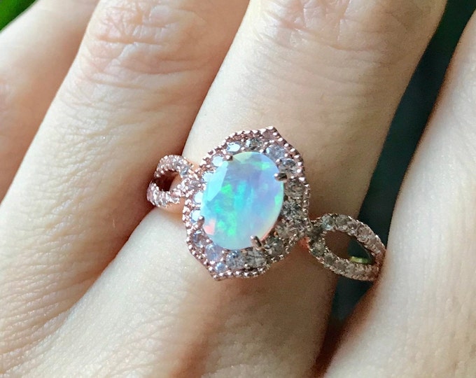 1.50ct Genuine Opal Halo Vintage Ring- Natural Oval Opal Scallop Split Shank Ring- Opal White Sapphire Promise Ring, October Birthstone Ring