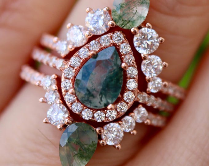Teardrop Moss Agate Halo 3 Ring- Pear Natural Moss Agate Engagement Solid 14k 18k Gold Ring-Genuine Green Promise Ring and 2 Moss Agate Band