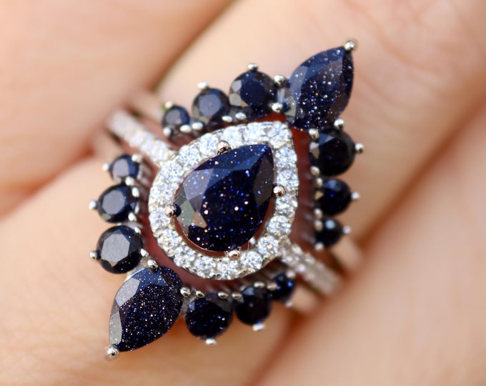 Pear Blue Sandstone Galaxy Nebula Halo Bridal Sterling Silver 3 Rings