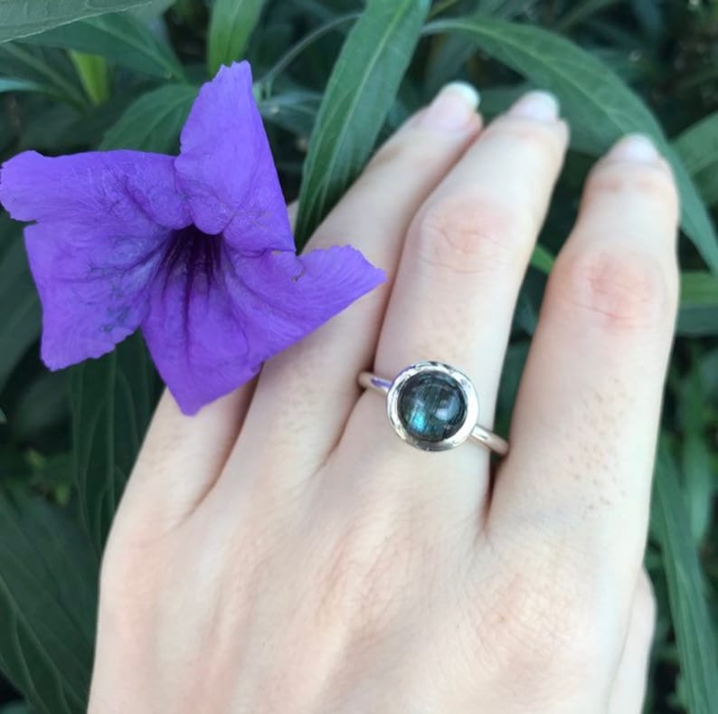 Blue Labradorite Cabochon Stackable Boho Ring Bohemian Ring For Teen Blue Iridescent Gemstone Sterling Silver Ring