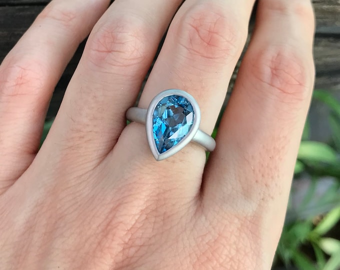 Pear Swiss Blue Topaz Engagement Ring- Blue Teardrop Promise Ring- Solitaire Simple Anniversary Ring- December Birthstone Ring