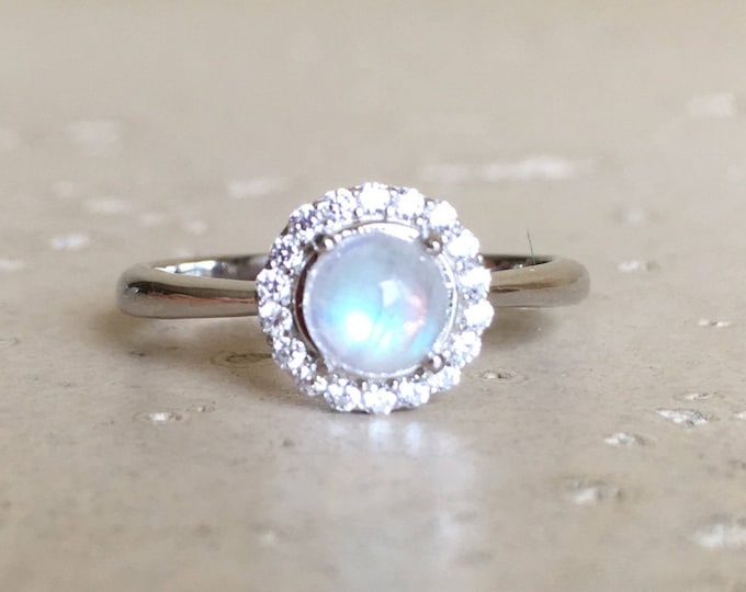 Small Genuine Moonstone Halo Promise Ring- Round Natural Rainbow Moonstone Dainty Ring- June Birthstone Ring- Iridescent Cabochon Ring